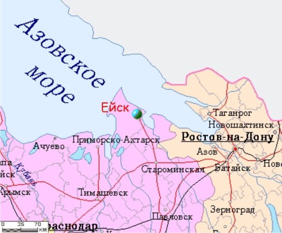 Ейск на карте Краснодарского края