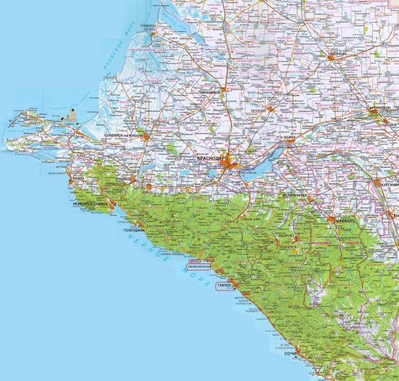 Черноморское побережье России и Туапсе на карте Краснодарского края