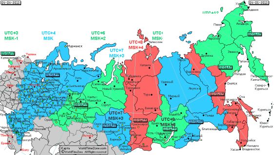России видно, какое время в каждом регионе
