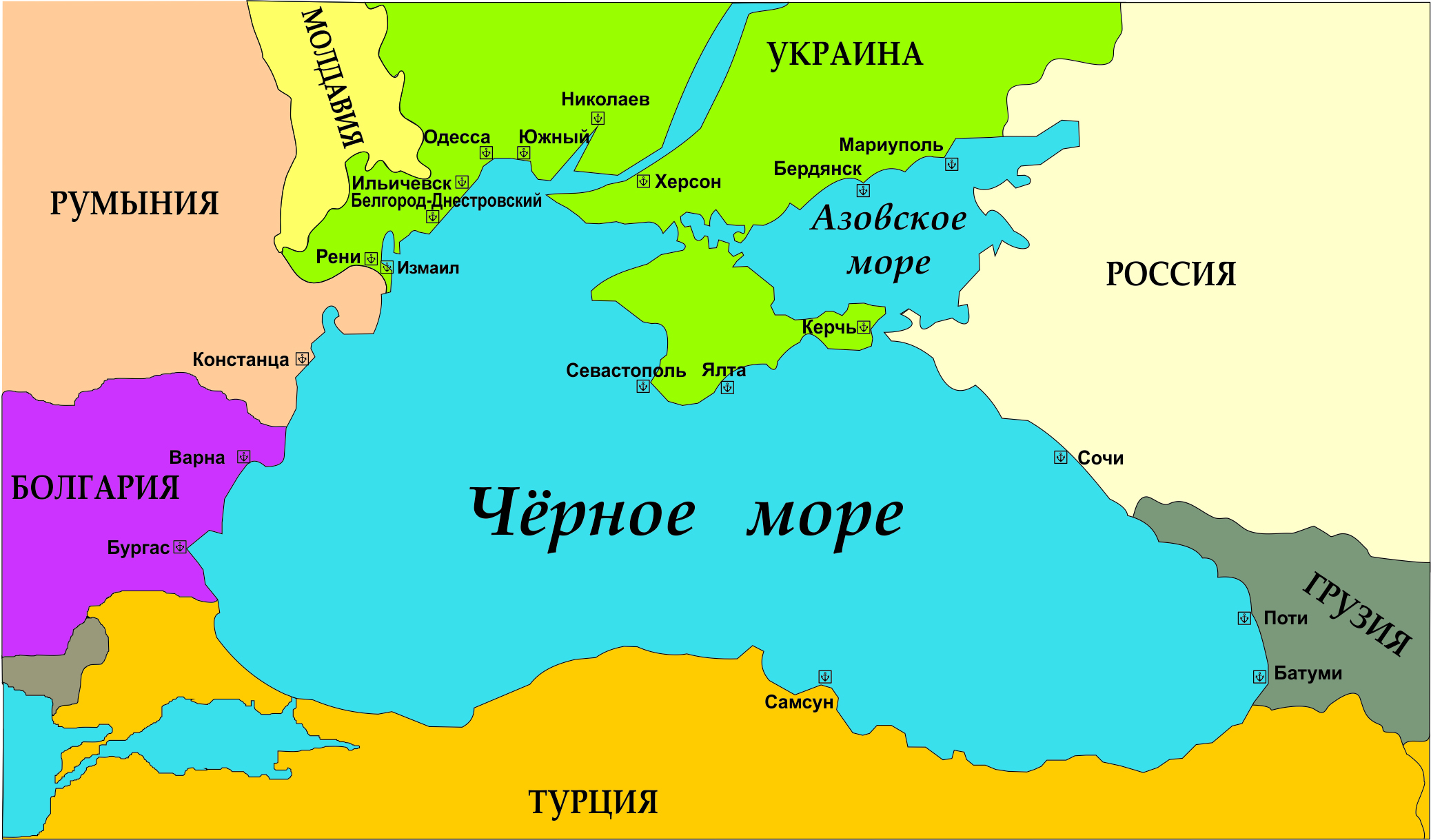 Карта побережья Черного моря и Азовского моря - расположение курортов напобережье - Отдых в Сочи, Анапе, Геленджике и на море